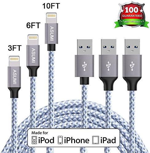 iPhone Charger, ASUMI Lightning to USB Cable (3ft 6ft 10ft) Extra Long Nylon Braided High Speed Charging Cord Data Syncing Cord Phones Connector of iPhone 7/6/6S/Plus /5/ 5S/5C/ iPad(White)