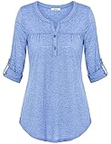 Tunic Tops for Leggings for Women, Jazzco Juniors Henley V Neck Cuffed Sleeve Loose Fitting T Shirt Office Tunic(Blue,XX-Large)
