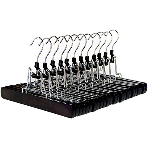 Clutter Mate Set of 12 Wood Pant Hangers with Locking Bar, Premium