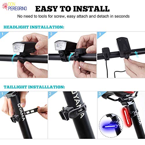 DON PEREGRINO SS1 - LED Bicycle Headlight Taillight Set USB Rechargeable, 400 Lumens Bike Front Light Plus Horn Function with 110 Lumens Bright Rear Light - Thumbnail 5