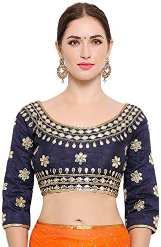 Women's Banglory Silk Embroidery Work Unstitched Blouse (Navy Blue, Free Size)