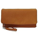 BMC Womens Saddle Brown Textured PU Faux Leather Quilted Pattern Triple Compartment Zipper Tassel Fashion Clutch Handbag