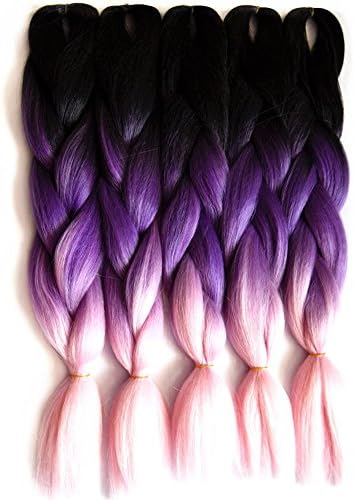5 Piece Jambo Box Braiding Synthetic Hair 100g/pc 24" Black Ombre Brown Long Kanekalon African Braids Hair Extension (black pruple pink)