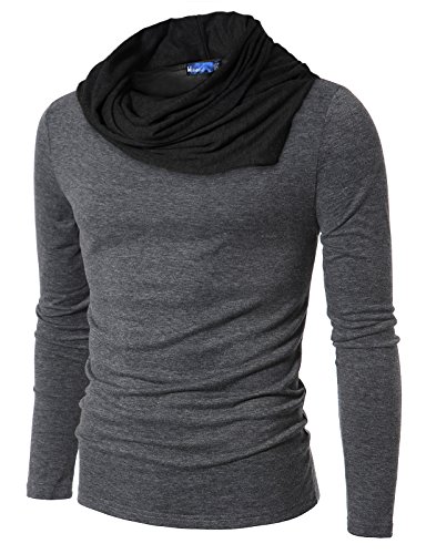 Doublju Mens Turtle Neck with Shirring Detail CHARCOAL (US-M)Asian Large
