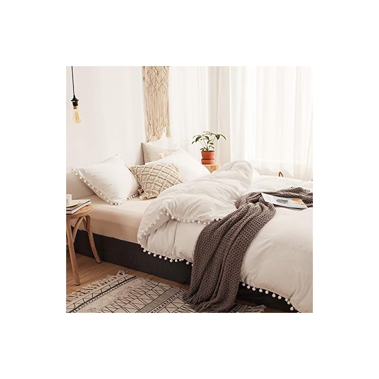 3 Pieces White Bedding Offwhite Raw White Duvet Cover Set Ball Fringe