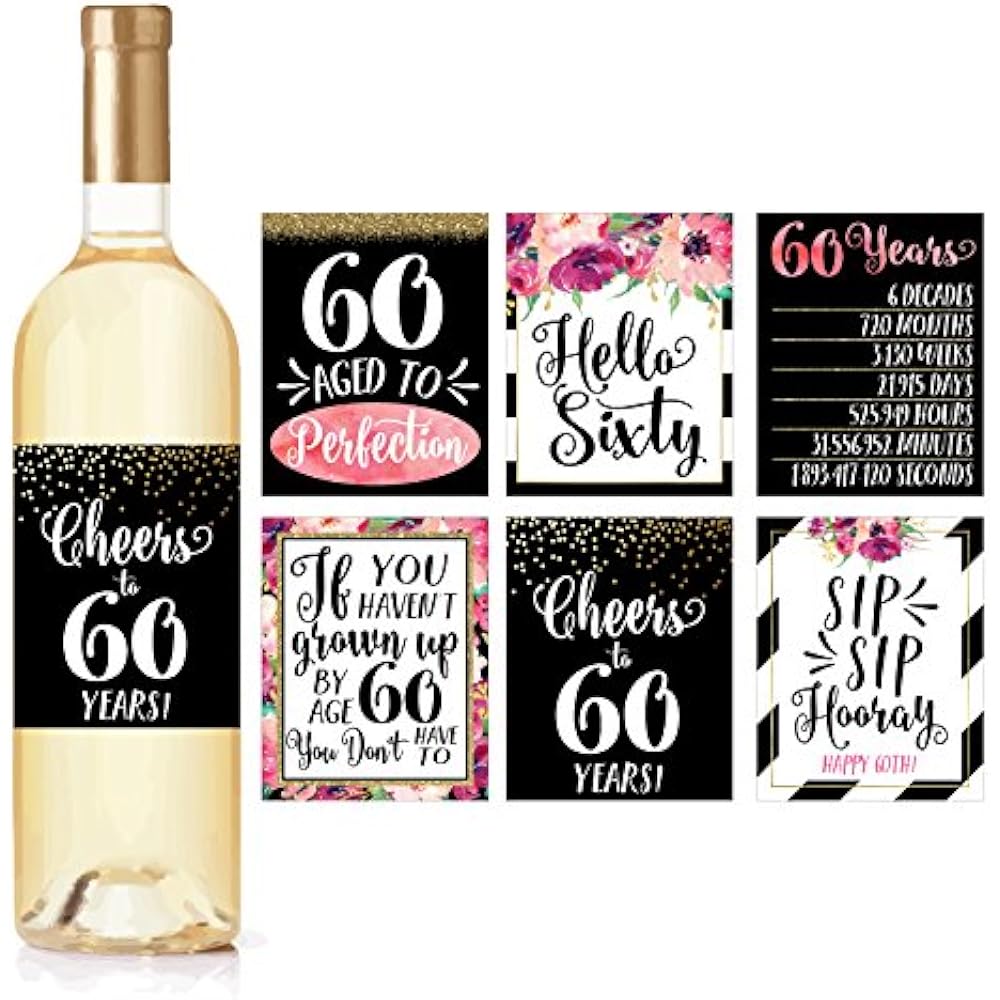 6 60th birthday wine bottle labels or stickers present 1958 bday