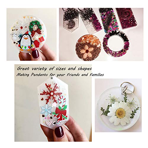 Set of 14 Casting Resin Molds Jewelry Making, Large & Small, 11 Silicone Pendent Trays with Hanging Hole & 3 Snowflake Charms Mould for DIY Craft - Circle/Square/Rectangle/Ring/Oval and More