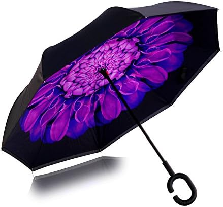 Maide Design Sunflower Wind Proof,UV Proof Reverse Folding Inverted Umbrella Travel Umbrella C Shape Handle purple