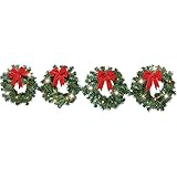 Collections Etc. Lighted Christmas Evergreen Wreath Set of 4 with Red Bows, 60
