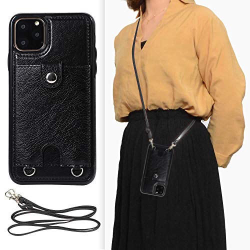 DEFBSC Lanyard Case for iPhone 11 Pro Max, Adjustable Crossbody Lanyard Strap, Premium PU Leather with Card Holder,Waterproof Protective Back Cover for iPhone 11 Pro Max 6.5 inch, Black