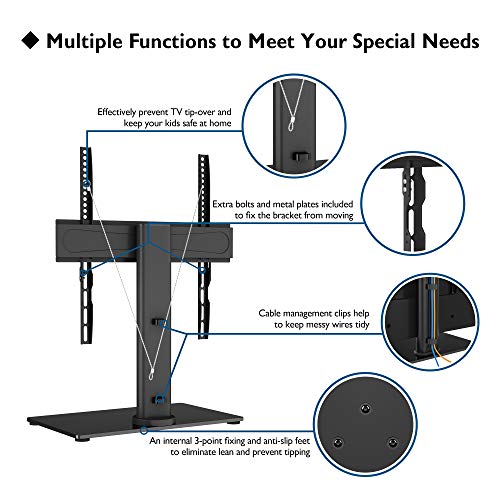 1home Table Top Pedestal TV Stand with Bracket for 26-55" LED LCD Screens Swivel & Height Adjustment - 8mm Tempered Glass Base with Anti-Slip Feet - Max VESA 400x400mm - Thumbnail 2