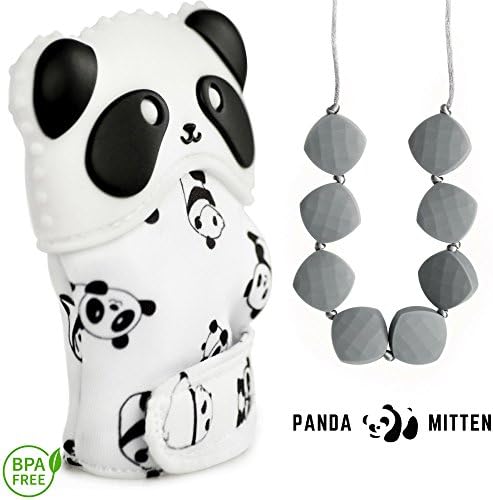 Baby Teething Mitten + Teething Necklace - Best for 3-12 Month Infants, Top New Mom Baby Shower Gift Set | Self Soothing Silicone Toy for Pain Relief, Necklace For Mom To Wear, 100% BPA Free