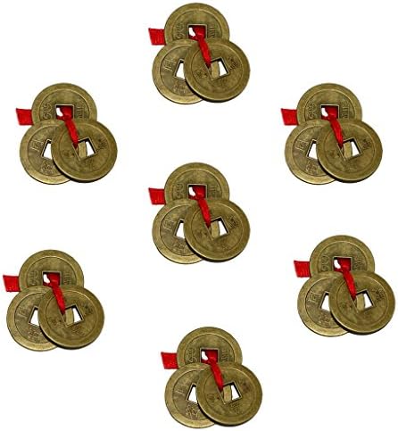 Divya Mantra Feng Shui Chinese Lucky Fortune I-Ching Coin Ornaments Wealth Charm Amulet Three Bronze Metal Coins with Hole and Red Ribbon Knot for Good Money Luck, Decoration Charms Set of 7 – Golden