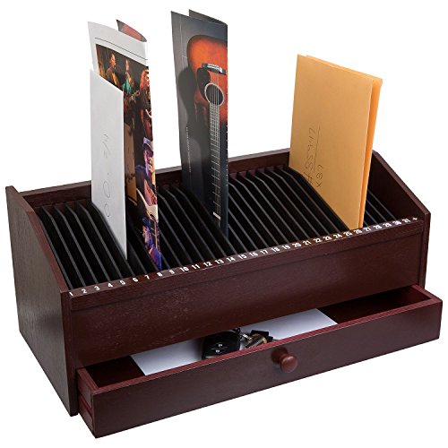 17" - 31 Slot Wooden Bill/Letter Organizer With Drawer - Mahogany Dark Brown BY JUMBL™ (Certified Refurbished) - Thumbnail 2