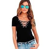 Perman Women's V-Neck Elegant Pullover Tee Short Sleeve Tops Shirt Blouse (M, Black)