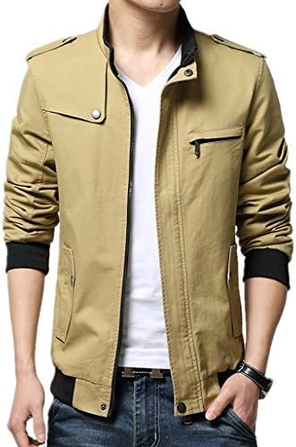 Season Show Men's Cotton Stand Collar Casual Zip Lightweight Jacket L Khaki