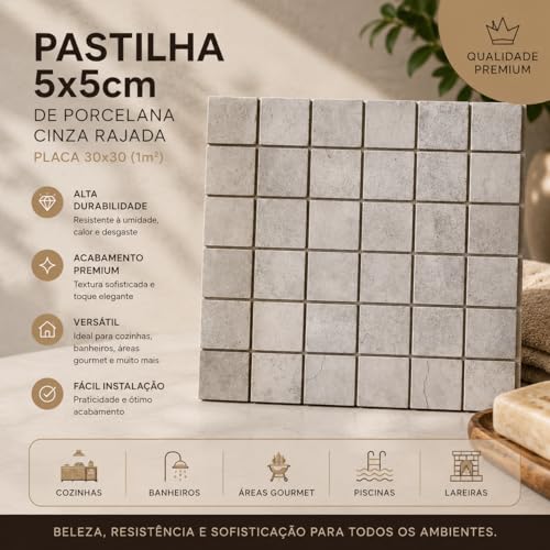 Pastilha 5x5cm de Porcelana Cinza Rajada 8 Placas 33x33 (1m²)
