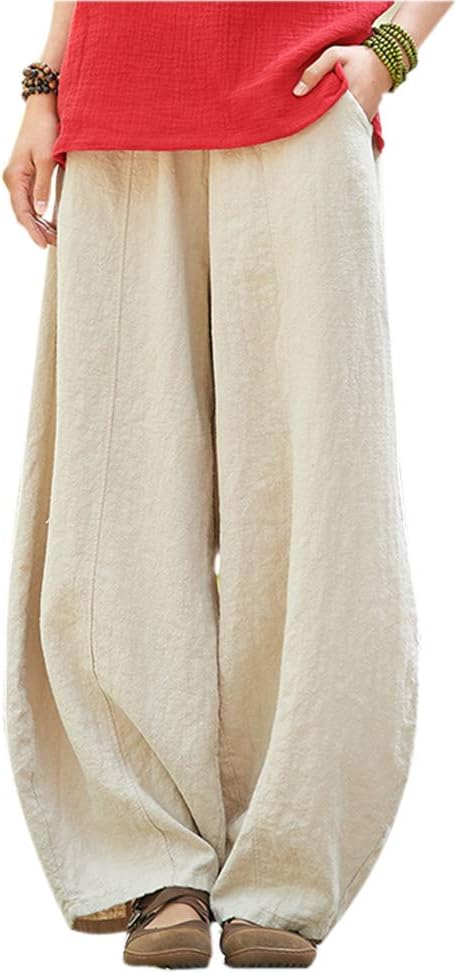 Women's Casual Loose Elastic Waist 100% Linen Comfort Trousers