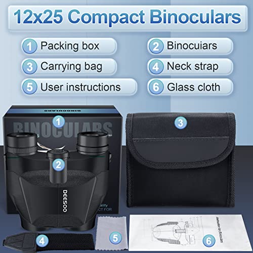 Deesoo 12x25 Compact Binoculars for Adults and Kids Bird Watching
