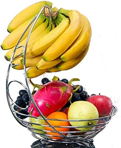 Fruit Basket With Banana Holder - Chrome Metal Wire Hanger - 14.76 inches tall