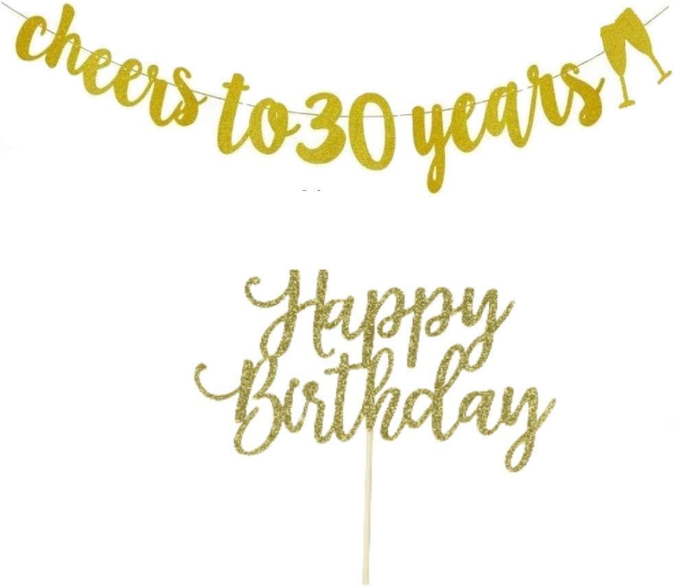 30th Birthday Banner, 30th Birthday Decorations Gold Glitter, Cheers to 30 Years, With Happy Birthday Cake Topper