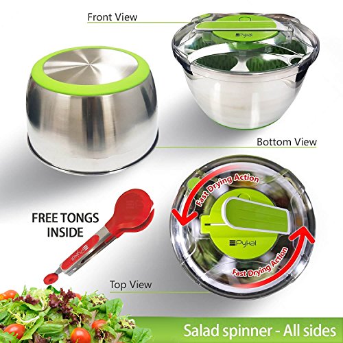 Large Stainless Steel Salads Spinner Lettuce Dryer with FREE Tongs