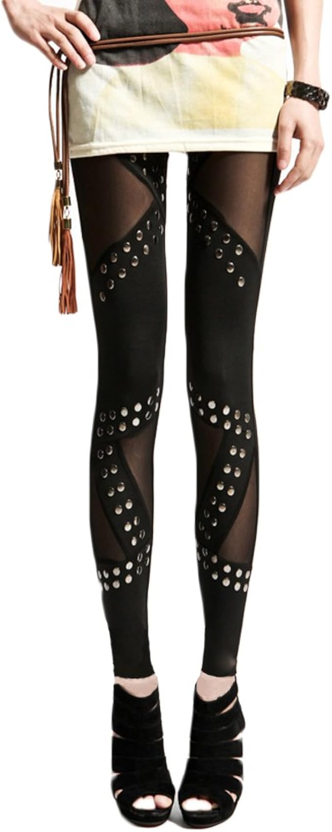 CELEBSIAM Women's New Punk Black Rivet Gothic Lace Leggings, One Size