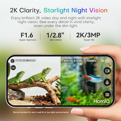 HomiQ 3MP 2K Aquarium & Terrarium Pet Camera.Magnetic Install &Close-Focus Lens for Fish,Lizard, Reptile Pet and Window Bird Feeder,2.4GHz & 5GHz WiFi,Color Night Vision,Auto-focus,24/7 Recording