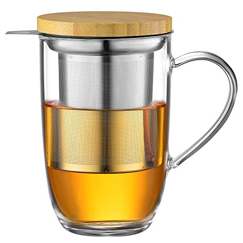 ecooe 440 ml Glas Teetasse Borosilikat Teebecher Teeglas mit Ultrafein 18/8 Edelstahlsieb Natürlicher Bambus Deckle Verdickter für Kaffee Saft Kohlensäurehaltige Getränke Milch Joghurt