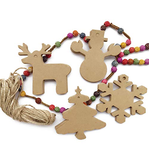 100 PCS Christmas Kraft Paper Tags Gift Tags Snowman, Snowflake, Reindeer and Christmas Tree Design for Christmas Gift,DIY and Wedding