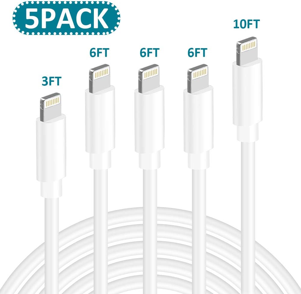iPhone Charger,MFi Certified Lightning Cable 5Pack(3/6/6/6/10FT) Extra Long USB Fast Charging&Syncing Data Cord Compatible iPhone Xs/Max/X/XR/8/8Plus/7/7Plus/6S/6S Plus/SE （White）