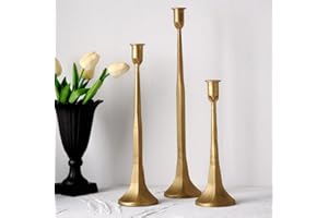Denique Iron Taper Candle Holder Set of 3, Gold Candlestick Holders Decorative Candle Stand, Tapered Candle Holders Tall Set for Wedding, Dining Table, Home Decoration (Gold)