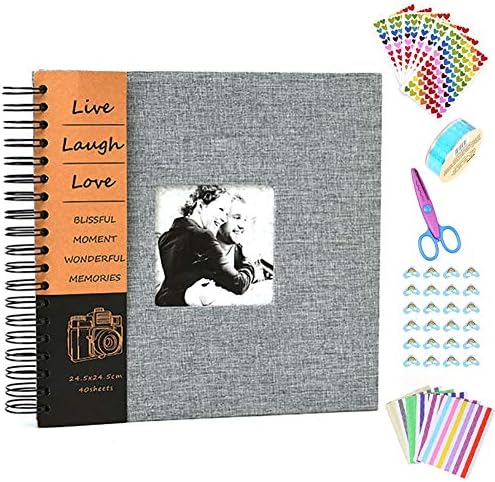 Anleymu Scrapbook Linen Cover, Photo Album with Photo Opening, High-end Guest Book for Valentines Day, Wedding, DIY Anniversary Travel Memory Scrapbooking with Scrapbook Accessories (Gray, 12 inch)