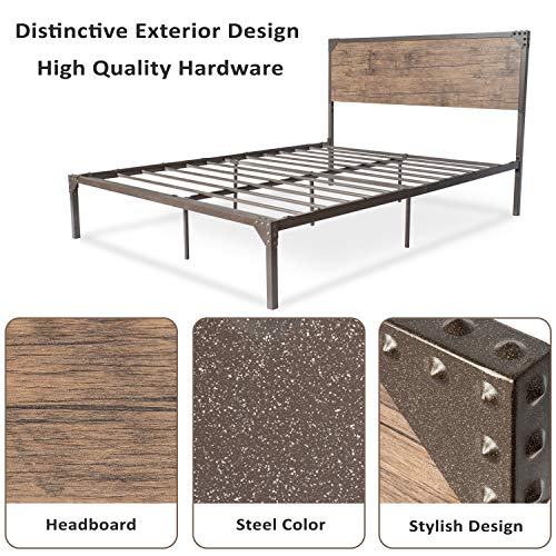 Full Size Metal Bed Frame/Platform Bed with Wood Headboard/Box Spring Optional/Easy Assembly