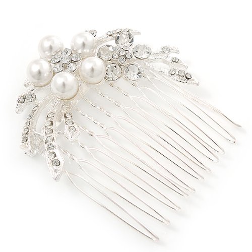 Bridal/ Wedding/ Prom/ Party Rhodium Plated Clear Swarovski Crystal, Synthetic Pearl Double Flower Hair Comb - 50mm