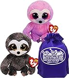 TY Beanie Sloths Dangler (Grey/Brown) & Dreamy (Pink/Purple) Gift Set Bundle with Bonus Matty's Toy Stop Storage Bag - 2 Pack