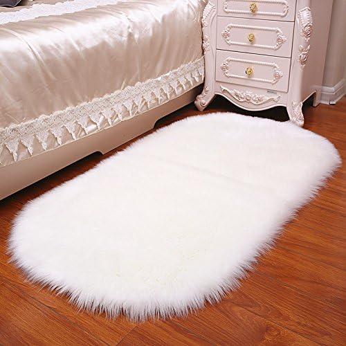 Luxury Premium Oval-Shaped Elliptic Faux Fur Fluffy Sheepskin Shaggy Home Bedroom Carpet Area Rug,(2x3ft,White)