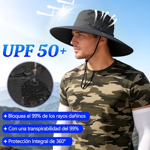 Yanlin 3pcs Sombrero Pesca Sol Protección, Sombrero para Sol UPF 50, con Gafas de Sol, Mangas de Protección Solar, Diseño Desmontable, Impermeable, para Actividades al Aire Iibre