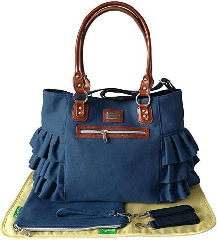 VARYCARRY Stylish Ruffles Diaper Bag Tote - incl Parent Pouch,Changing Pad,etc - Durable Cotton Canvas with Leather Trimming