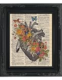 Dictionary Art Print - Human Heart with Victorian Flowers - Printed on Recycled Vintage Dictionary Paper - 8.5