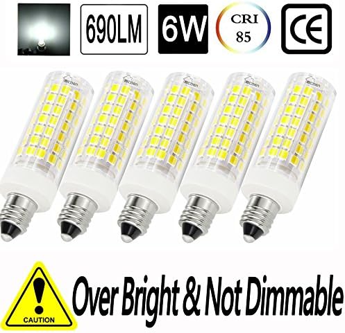 E11 LED Bulb, 6W, 60W 75W Halogen Bulb Equivalent, 690Lumens, jd E11 Mini Candelabra Base, Ceiling Fan Light (50W Replacement-5Pack, Daylight White 6000K)