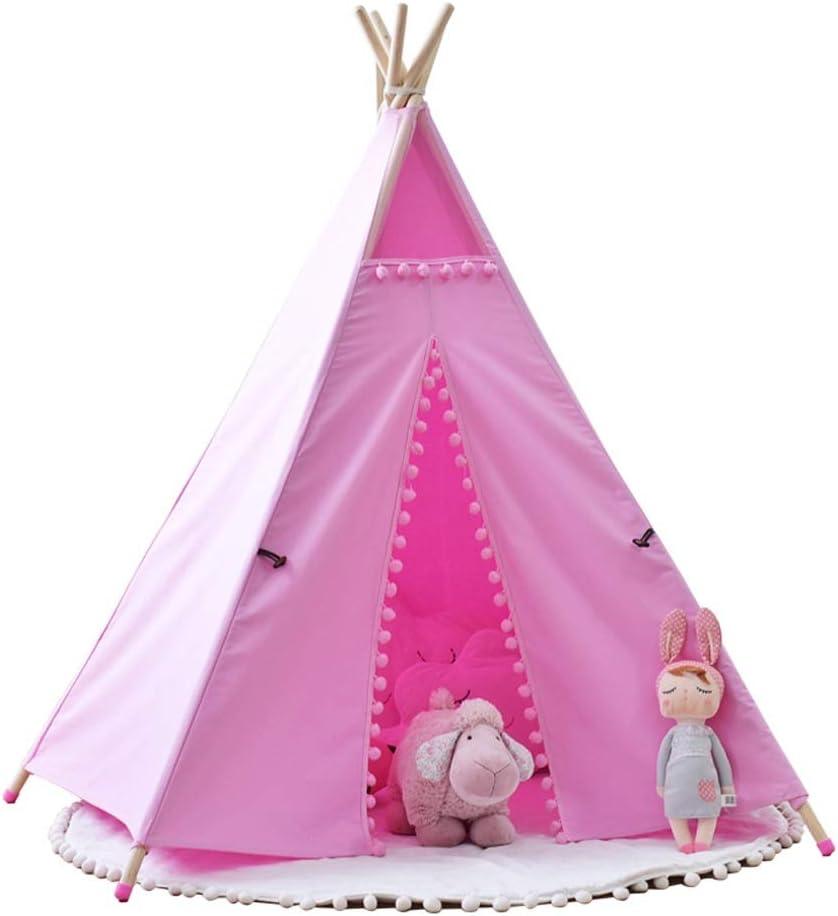 Kibten Pentagonal Pink Girl Princess Castle Teepee Tent Indian Indoor Outdoor Kids Play Tent Childrens Playhouse Cotton Canvas Princess Tipi Wigwam for Girls Boys Toddlers Present Gift