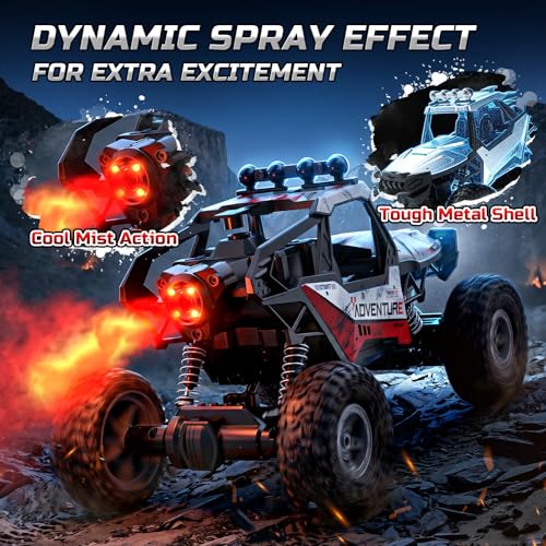 DEERC DE125 1:14 RC Rock Crawler, 4WD Remote Control Off-Road Monster Truck with Mist Spray, Metal Body Shell, LED Lights, 2.4GHz All-Terrain Car, 2 Batteries, Gifts for Kids & Adults