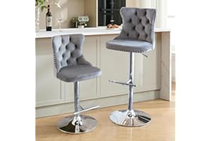 I-POOK Swivel Bar Stools Set of 2, Adjustable Counter Height Barstools with Nailheads Trim, Button Tufted Back and Silver Footrest, Velvet Upholstered Bar Chairs for Dining Room Home Bar Kitchen Island, Gray