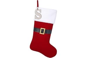 JKSVE 20" Nylon Flocking Fabric Santa Clau Belt Buckle Christmas Stocking with Personalized Wooden Initial Monogram Christmas Stocking, Holiday Xmas Party Decorations(Red-S)