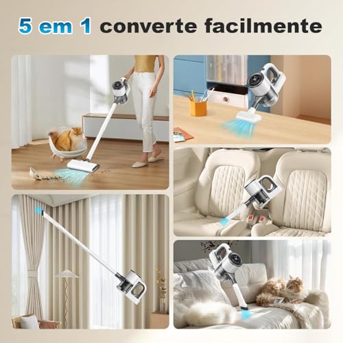 Aspirador de Pó Vertical Sem Fio, 100W, Branco e Cinza, 40000 RPM, LED, 50min Autonomia, 10000Pa Sucção, 3 Velocidades, 0.75L