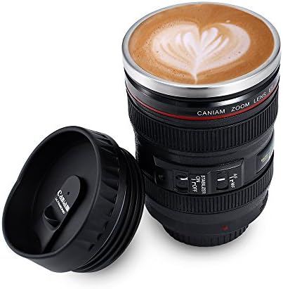Camera Lens Mug Novelty Office Coffee Mug Cup With Lid with Stainless Steel Interior - Best Gift for Photographer Friends Lovers Co-workers, 13oz, Black