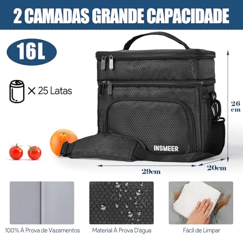 INSMEER Bolsa Térmica Marmita Para Homens, 2 Compartimentos Lancheira Termica Para Adulto Masculina Bolsa Termica De Separado Para Alimentos Quentes E Frios (2 Compartimentos, Preto)