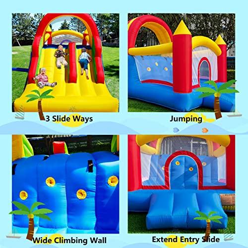 HuaKastro 16x7.2FT Bouncy Castle with 2 Racing Slides & Large Climbing Wall, 3 in 1 Kids Inflatable Bounce House, Rainbow Jumping Castle, Kids Backyard Playgrounds - with Air Blower