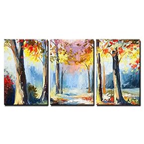 3 Piece Canvas Wall Art - Oil Painting - Colorful Spring Landscape, Road in The Forest, Abstract Watercolor - Modern Home Art Stretched and Framed Ready to Hang - 16"x24"x3 Panels